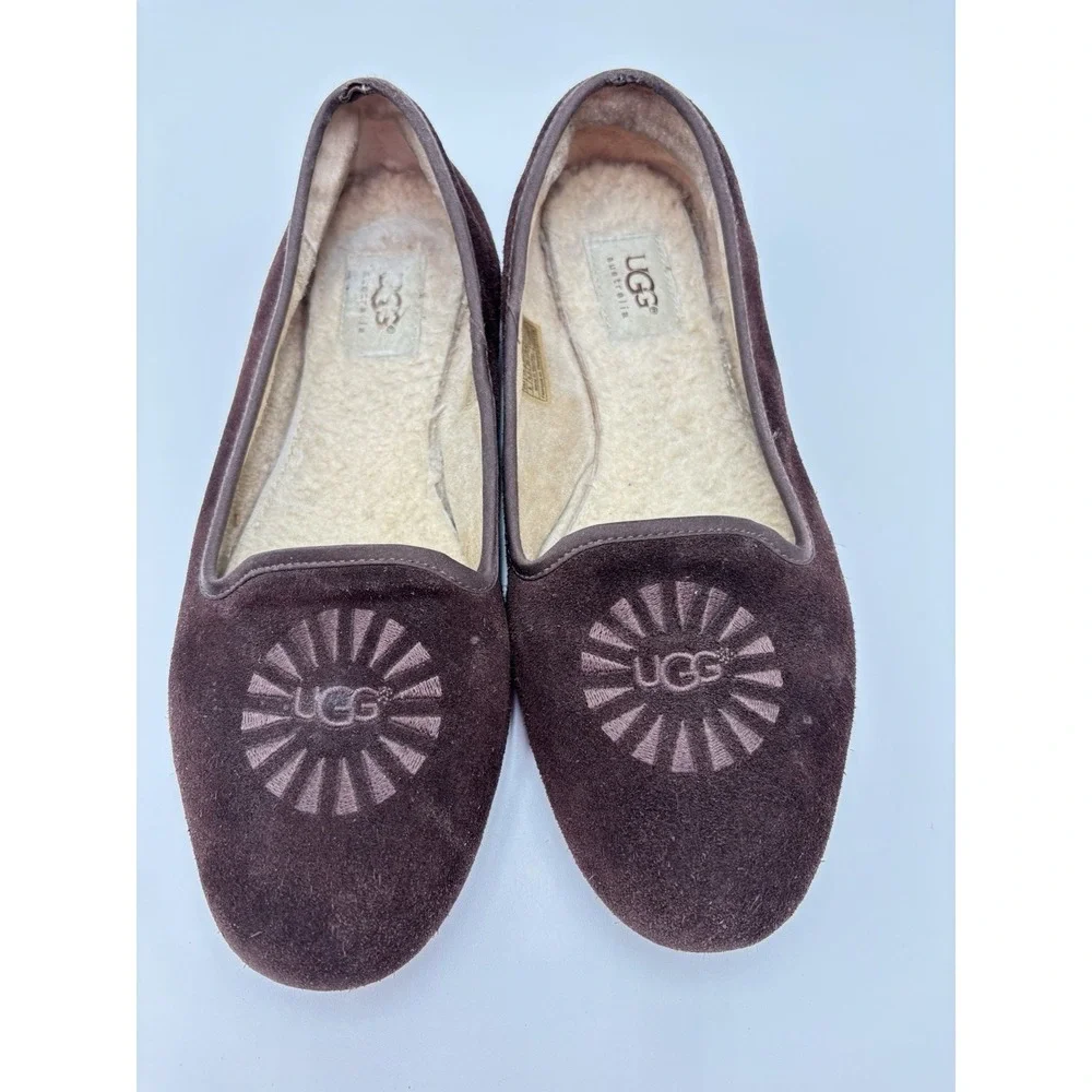 UGG Australia Slippers Womens 8 Brown Suede Shearling Flats Loafers Cozy Slip On